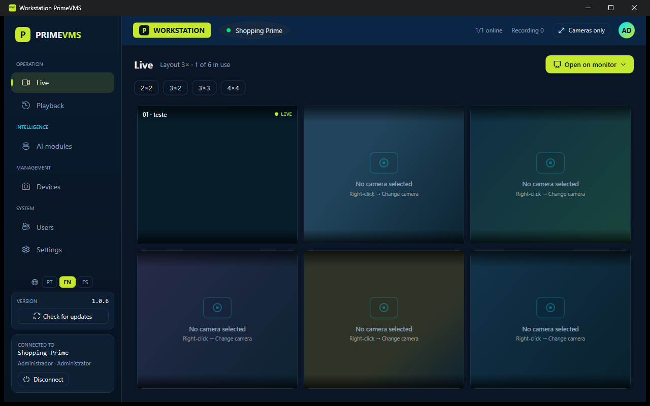 PrimeVMS Workstation with a live view layout of IP cameras