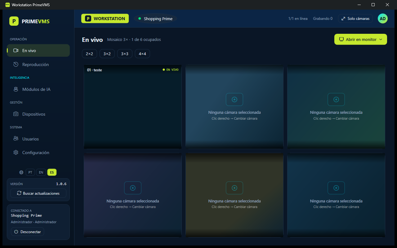 Workstation de PrimeVMS con un mosaico en vivo de cámaras IP