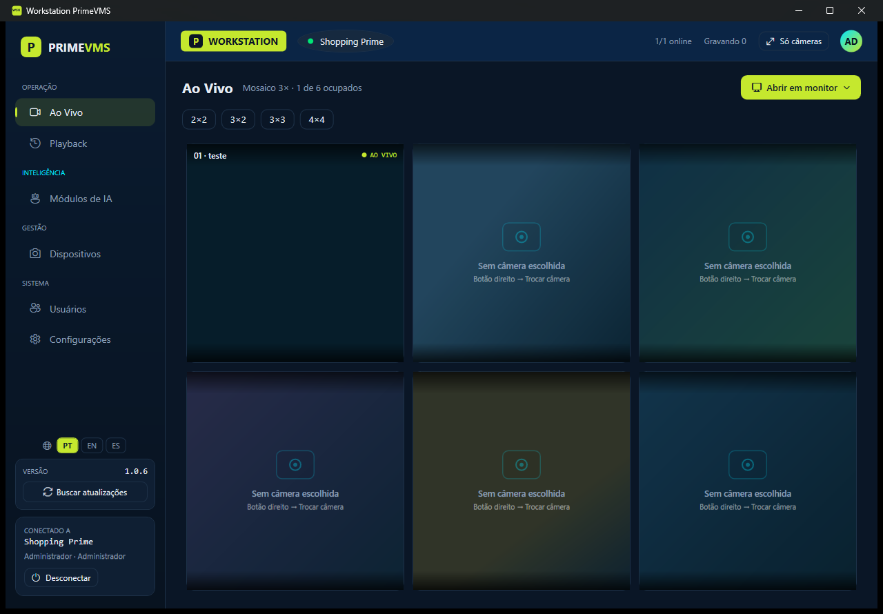 Workstation do PrimeVMS com mosaico ao vivo de câmeras IP